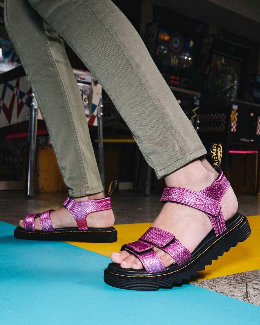 pink dr martens klaire reptile emboss strap kids sandals