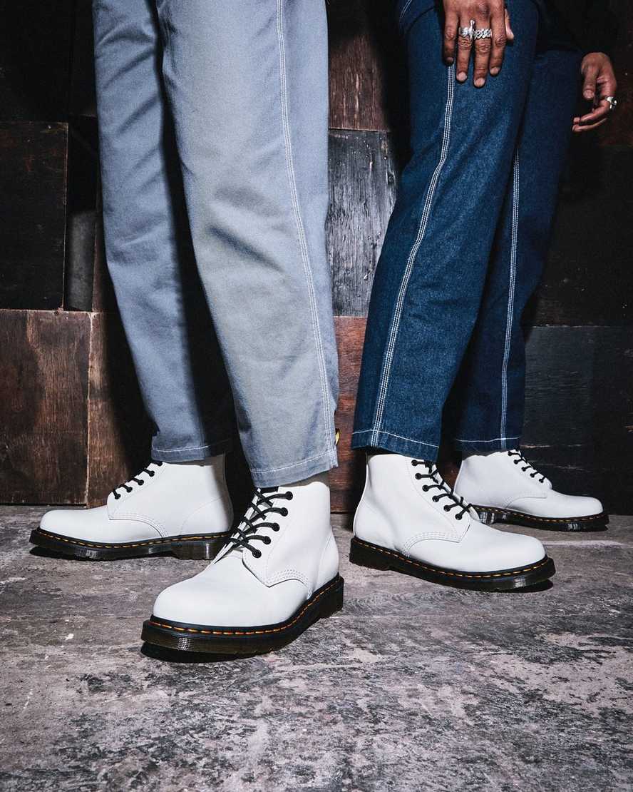white dr martens 101 yellow stitch smooth mens ankle boots