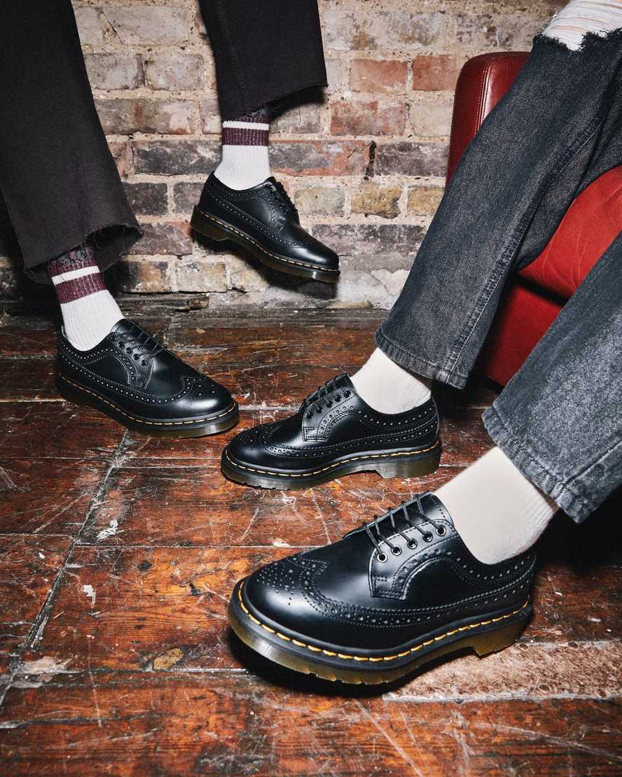 black dr martens 3989 yellow stitch smooth mens brogue shoes