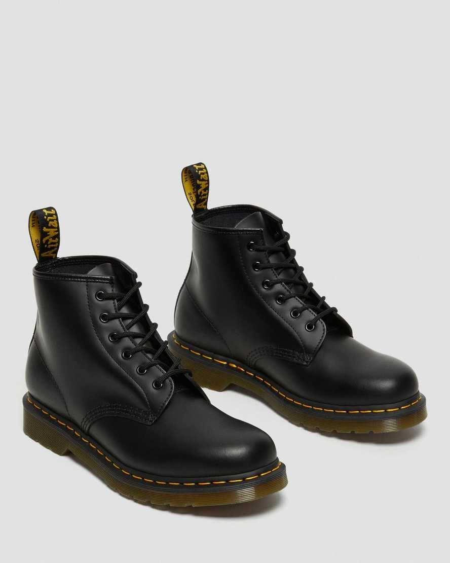 black dr martens 101 yellow stitch smooth womens ankle boots