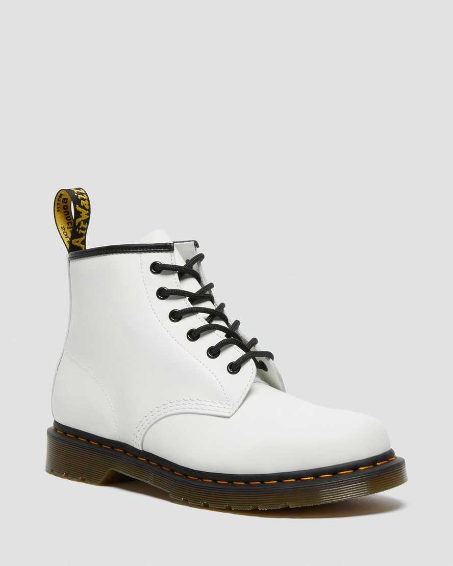 white dr martens 101 yellow stitch smooth womens ankle boots
