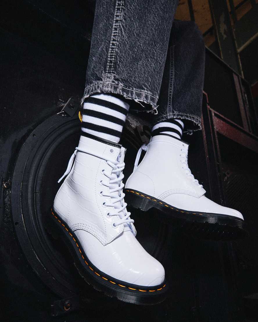 white dr martens 1460 patent croc emboss womens casual boots
