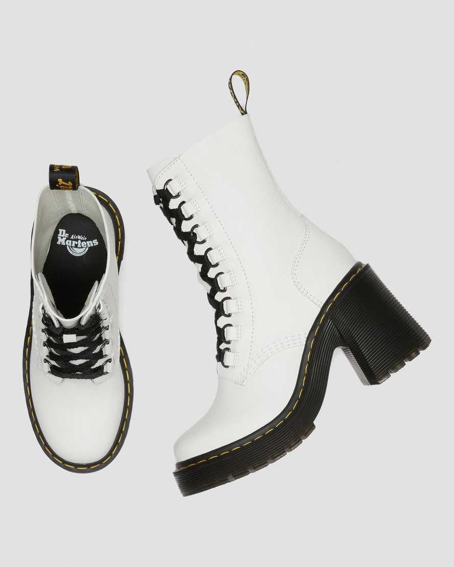 white dr martens chesney flared heel womens lace up boots