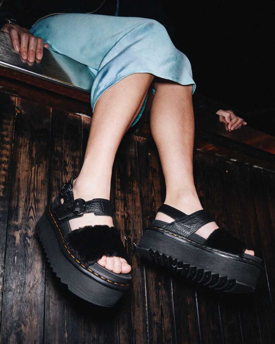 black dr martens voss fluffy faux fur womens platform sandals