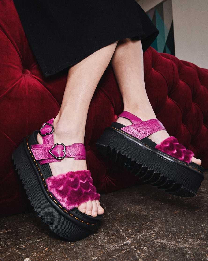 pink dr martens voss fluffy faux fur womens platform sandals
