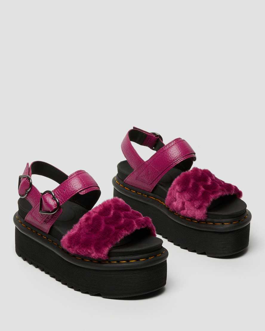 pink dr martens voss fluffy faux fur womens platform sandals